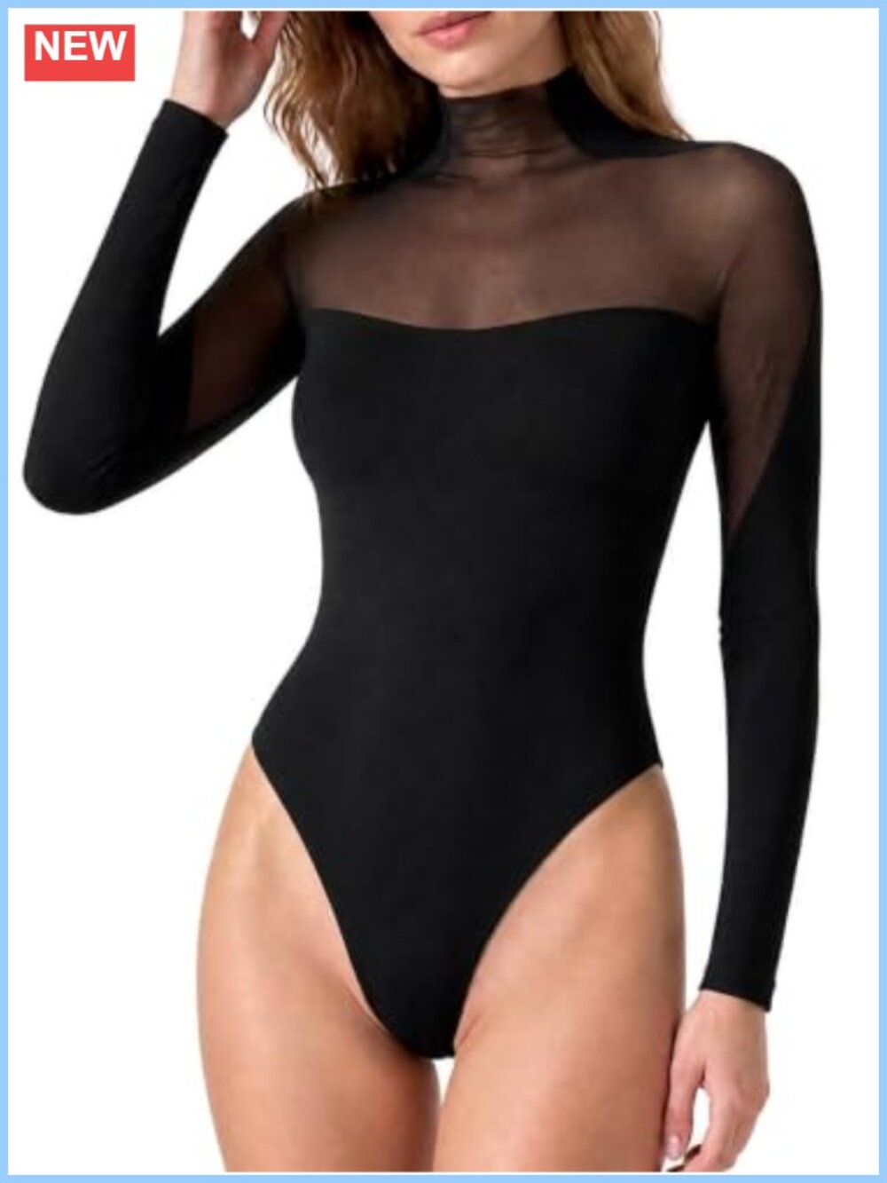 Mock Neck Mesh Bodysuit Long Sleeve Thong Snap Crotch Stretch Top